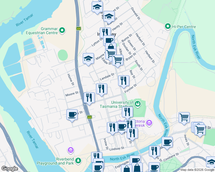 map of restaurants, bars, coffee shops, grocery stores, and more near 7 Donald Street in Invermay