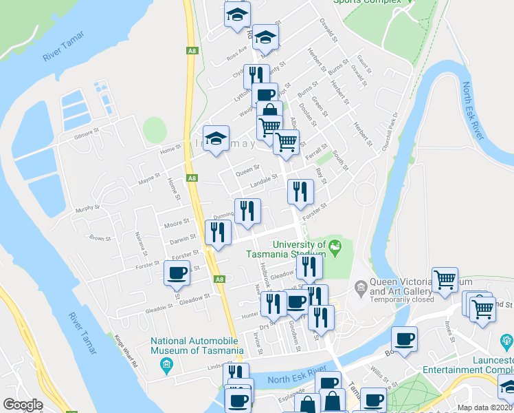 map of restaurants, bars, coffee shops, grocery stores, and more near 3A Donald Street in Invermay
