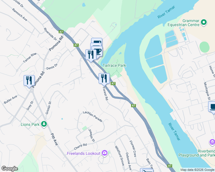 map of restaurants, bars, coffee shops, grocery stores, and more near 162 West Tamar Road in Trevallyn