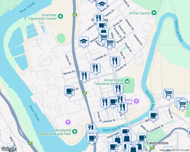 map of restaurants, bars, coffee shops, grocery stores, and more near 60B Forster Street in Invermay