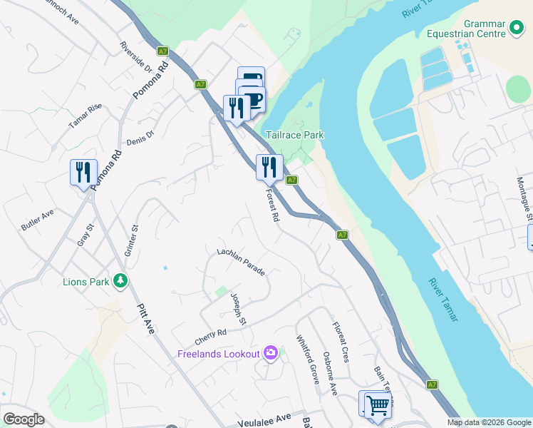 map of restaurants, bars, coffee shops, grocery stores, and more near 93 Forest Road in Trevallyn