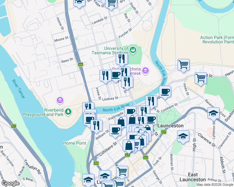 map of restaurants, bars, coffee shops, grocery stores, and more near 6 Goodwin Street in Invermay