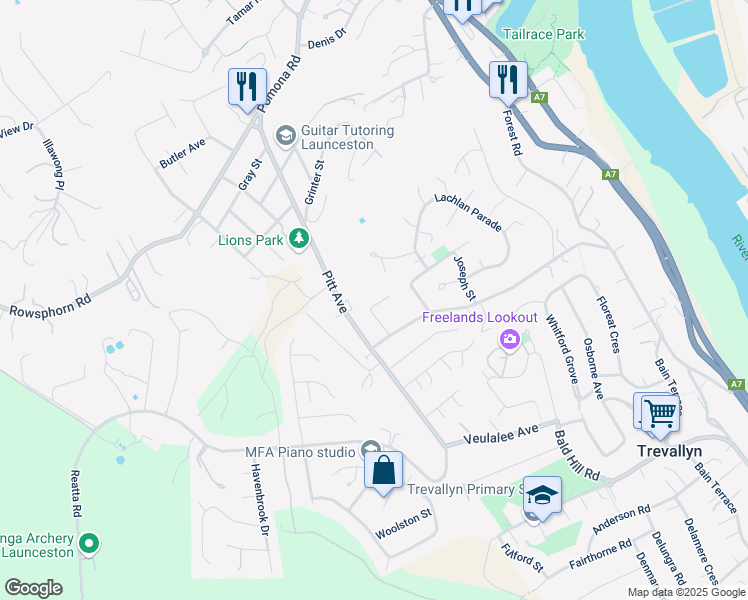 map of restaurants, bars, coffee shops, grocery stores, and more near 86 Cherry Road in Trevallyn