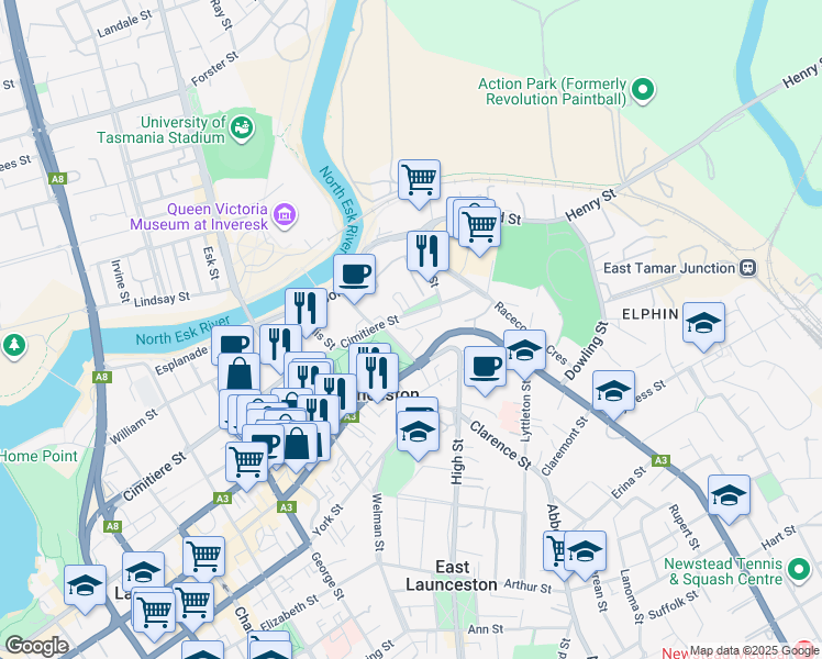 map of restaurants, bars, coffee shops, grocery stores, and more near 39 Lawrence Street in Launceston
