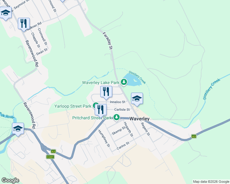 map of restaurants, bars, coffee shops, grocery stores, and more near 8 Bunbury Street in Waverley