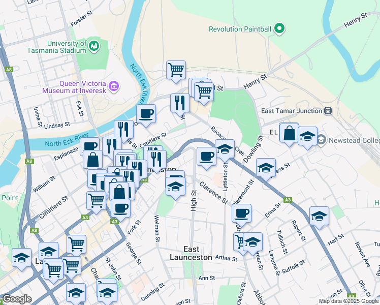 map of restaurants, bars, coffee shops, grocery stores, and more near 2 High Street in East Launceston