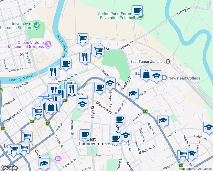 map of restaurants, bars, coffee shops, grocery stores, and more near 38 Elphin Road in Launceston