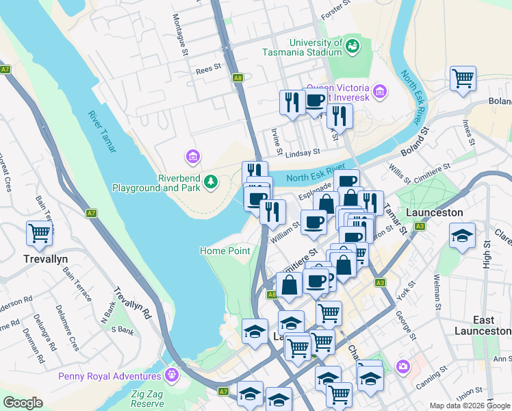 map of restaurants, bars, coffee shops, grocery stores, and more near 28 Seaport Boulevard in Launceston