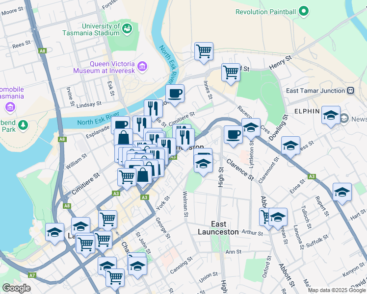map of restaurants, bars, coffee shops, grocery stores, and more near in Launceston