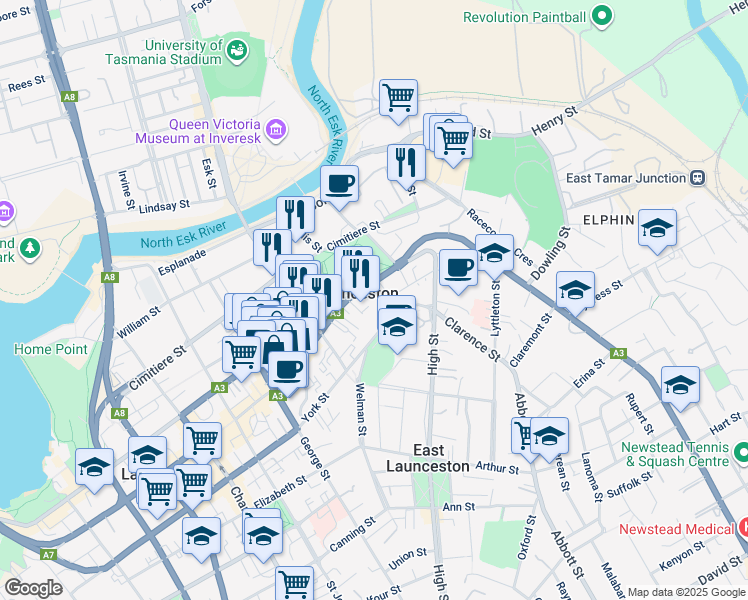 map of restaurants, bars, coffee shops, grocery stores, and more near 11 Brisbane Street in Launceston