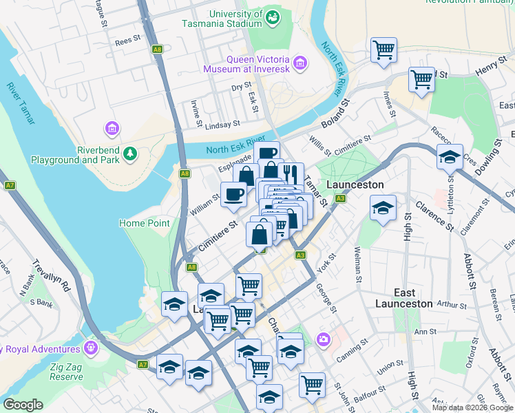 map of restaurants, bars, coffee shops, grocery stores, and more near 113 Cimitiere Street in Launceston
