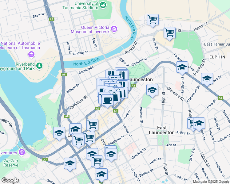 map of restaurants, bars, coffee shops, grocery stores, and more near 22 Tamar Street in Launceston