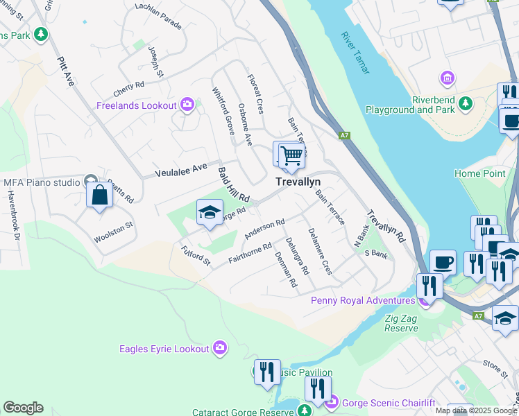 map of restaurants, bars, coffee shops, grocery stores, and more near 33 Gorge Road in Trevallyn