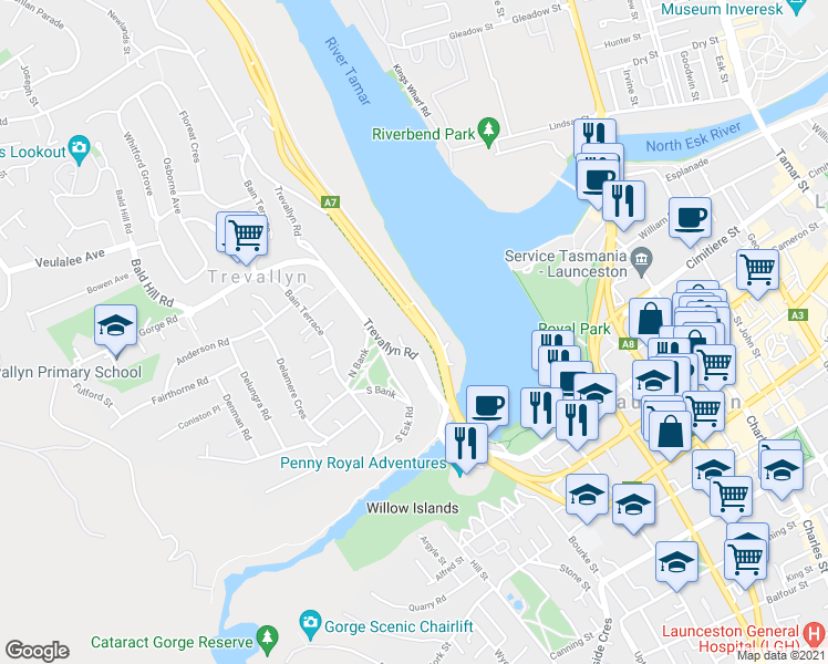 map of restaurants, bars, coffee shops, grocery stores, and more near 11A West Tamar Road in Trevallyn