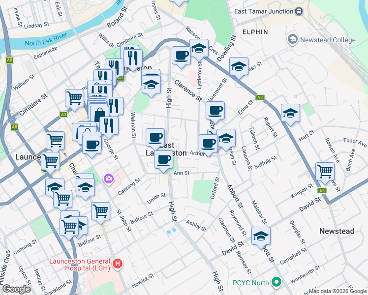 map of restaurants, bars, coffee shops, grocery stores, and more near 64 Arthur Street in East Launceston