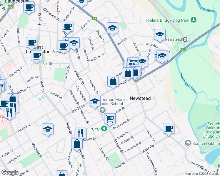 map of restaurants, bars, coffee shops, grocery stores, and more near 30A David Street in Newstead