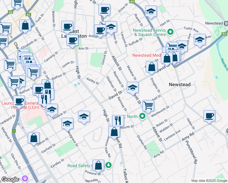 map of restaurants, bars, coffee shops, grocery stores, and more near 20 Gladman Street in East Launceston