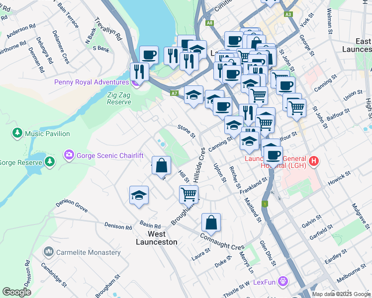 map of restaurants, bars, coffee shops, grocery stores, and more near 17 Reserve Street in West Launceston