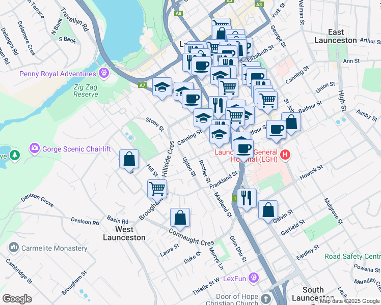 map of restaurants, bars, coffee shops, grocery stores, and more near 10 Alice Place in Launceston