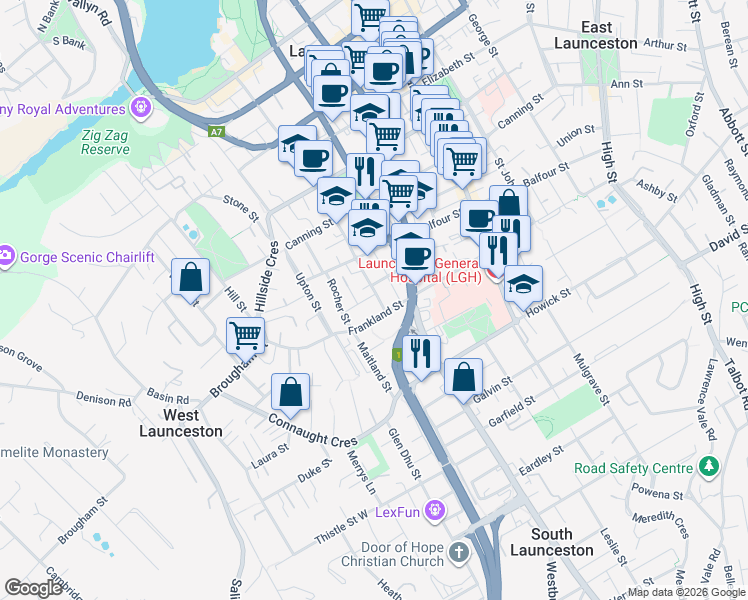 map of restaurants, bars, coffee shops, grocery stores, and more near 128 Margaret Street in Launceston