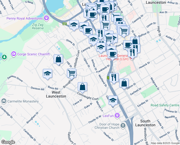 map of restaurants, bars, coffee shops, grocery stores, and more near 60 Upton Street in Launceston