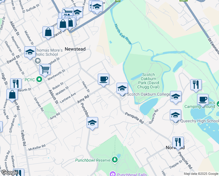 map of restaurants, bars, coffee shops, grocery stores, and more near 81 Penquite Road in Newstead