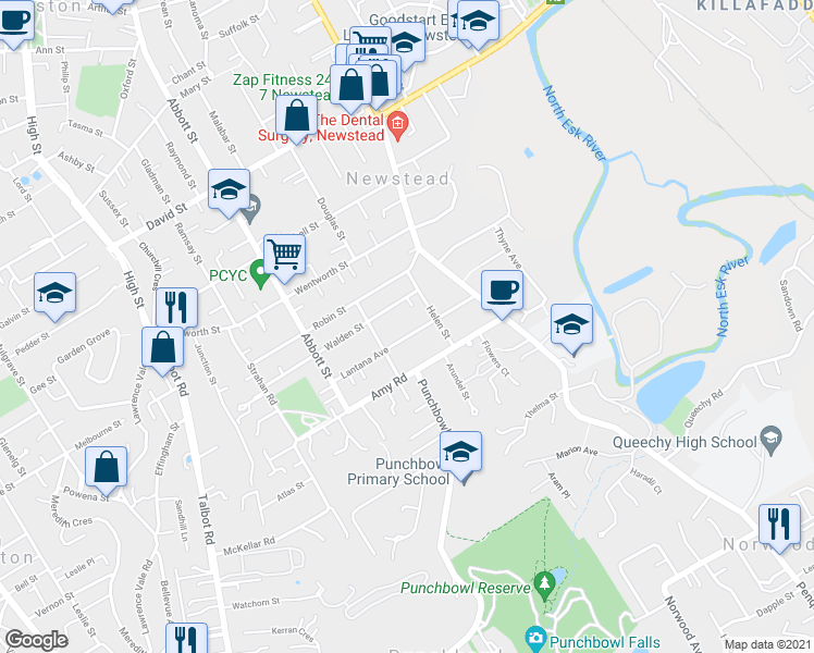 map of restaurants, bars, coffee shops, grocery stores, and more near 18 Lantana Avenue in Newstead