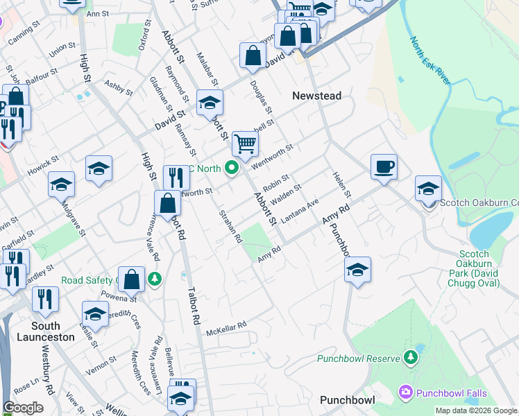 map of restaurants, bars, coffee shops, grocery stores, and more near 160 Abbott Street in Newstead