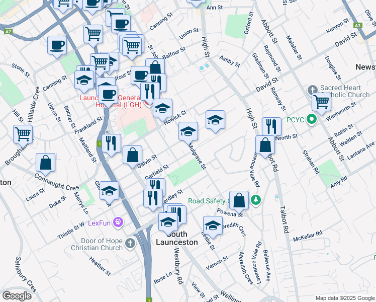 map of restaurants, bars, coffee shops, grocery stores, and more near 4 Garfield Street in South Launceston