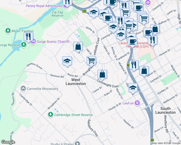 map of restaurants, bars, coffee shops, grocery stores, and more near 12 Esther Street in West Launceston