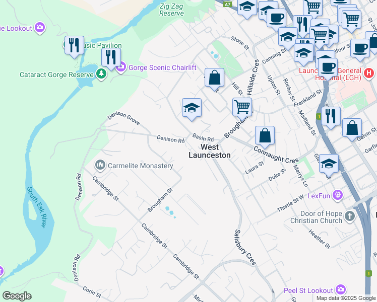 map of restaurants, bars, coffee shops, grocery stores, and more near 1A Denison Road in West Launceston