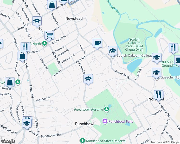 map of restaurants, bars, coffee shops, grocery stores, and more near 24 Arundel Street in Newstead