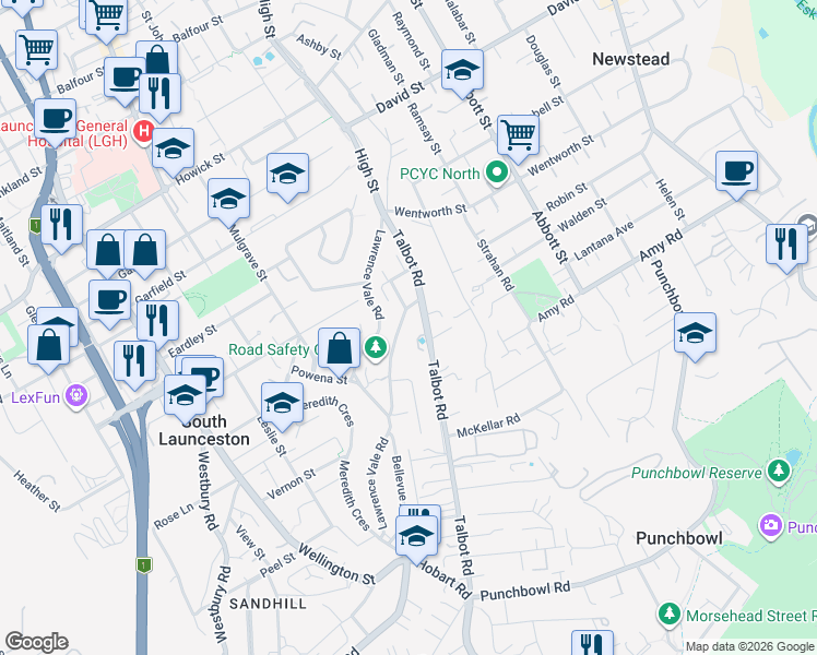 map of restaurants, bars, coffee shops, grocery stores, and more near 22 Effingham Street in South Launceston