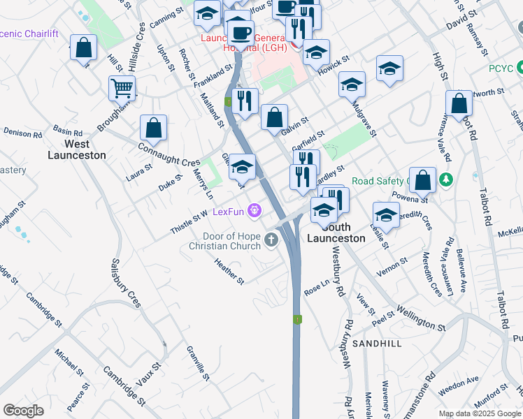 map of restaurants, bars, coffee shops, grocery stores, and more near 29 Glen Dhu Street in South Launceston