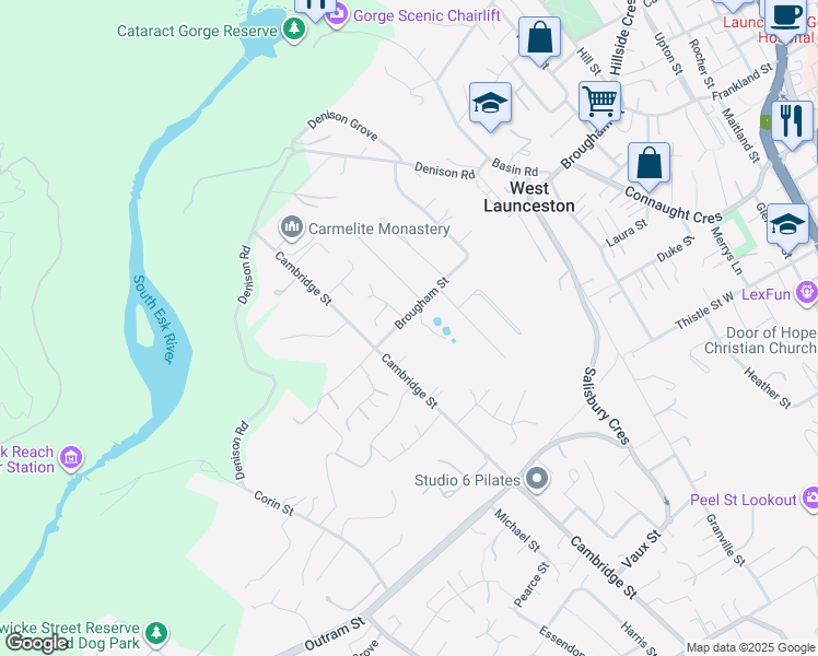 map of restaurants, bars, coffee shops, grocery stores, and more near 87 Brougham Street in West Launceston