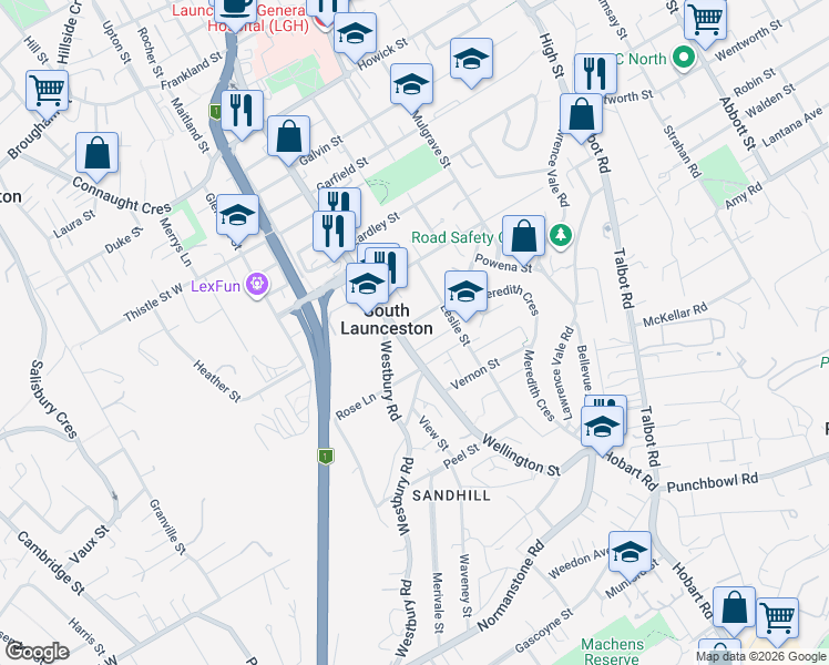 map of restaurants, bars, coffee shops, grocery stores, and more near 2 Cridge Street in South Launceston