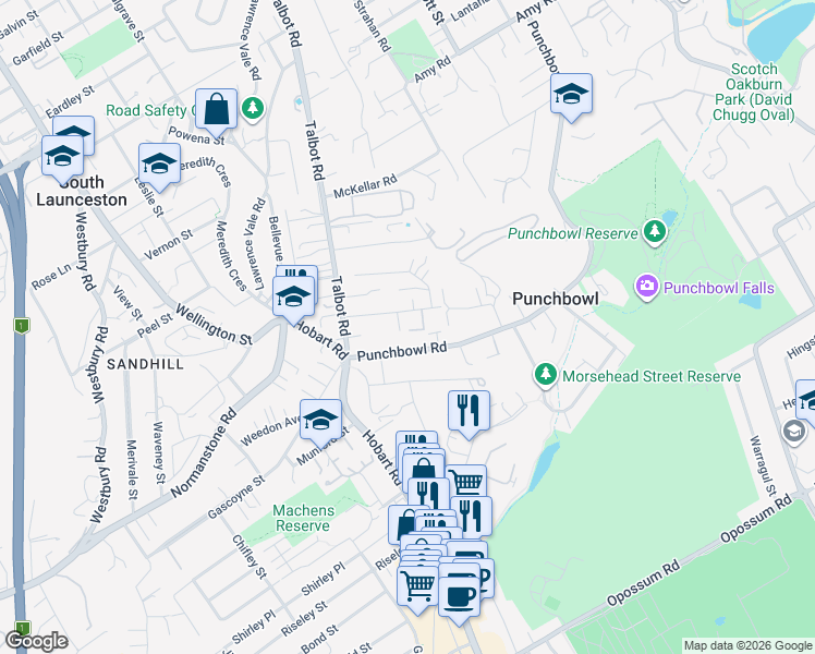 map of restaurants, bars, coffee shops, grocery stores, and more near 26 Bennett Street in South Launceston