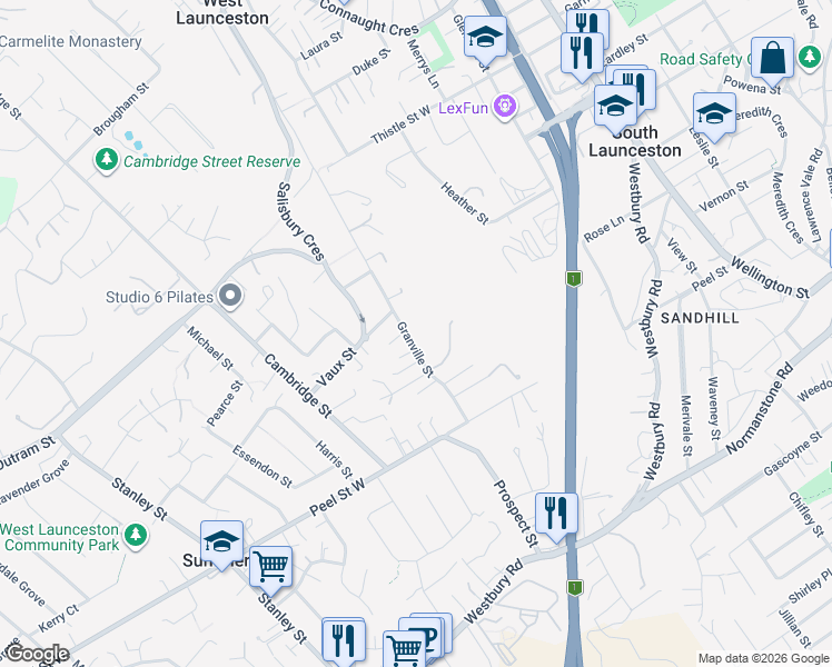 map of restaurants, bars, coffee shops, grocery stores, and more near 113 Granville Street in West Launceston