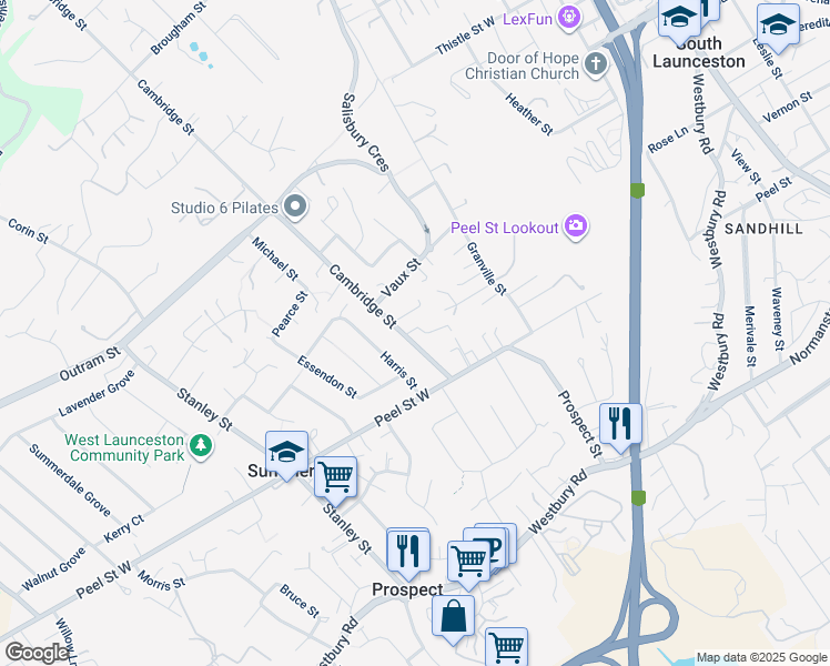 map of restaurants, bars, coffee shops, grocery stores, and more near 187 Cambridge Street in West Launceston