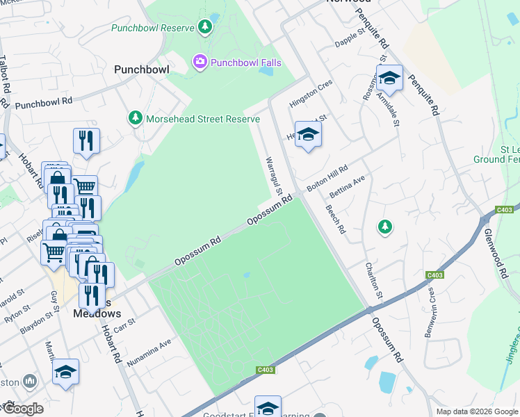 map of restaurants, bars, coffee shops, grocery stores, and more near 101 Opossum Road in Norwood