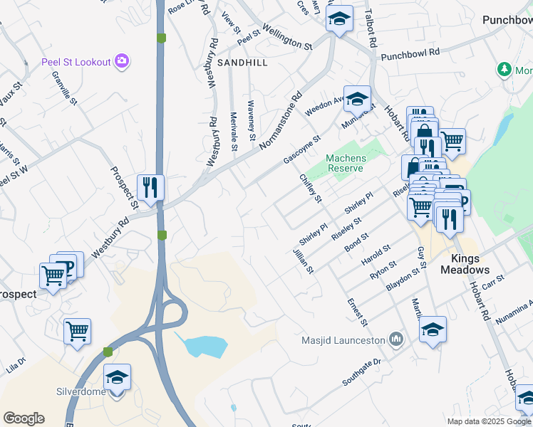 map of restaurants, bars, coffee shops, grocery stores, and more near 27 Maroney Street in Kings Meadows