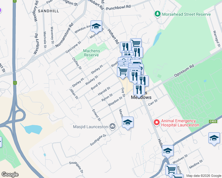map of restaurants, bars, coffee shops, grocery stores, and more near 13 Harold Street in Kings Meadows