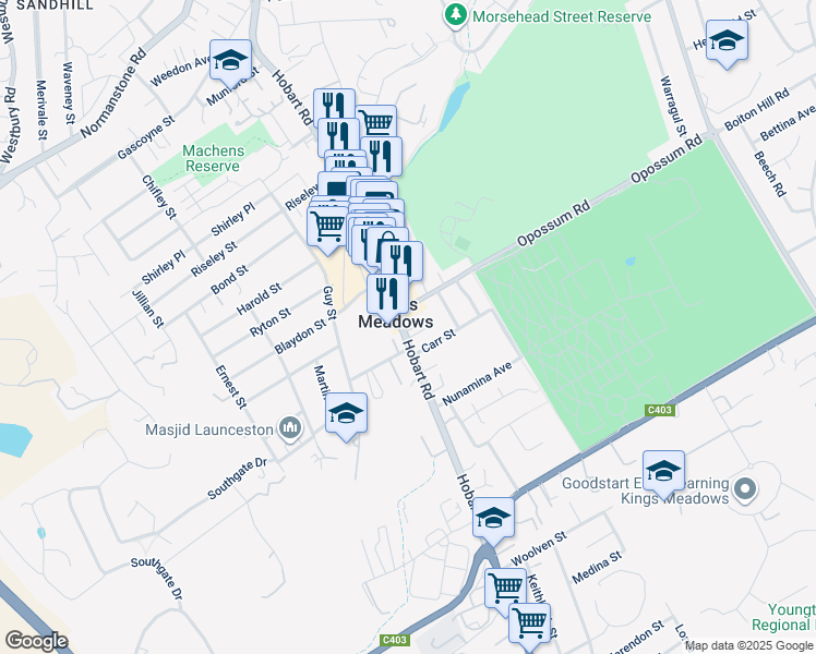 map of restaurants, bars, coffee shops, grocery stores, and more near 167 Hobart Road in Kings Meadows