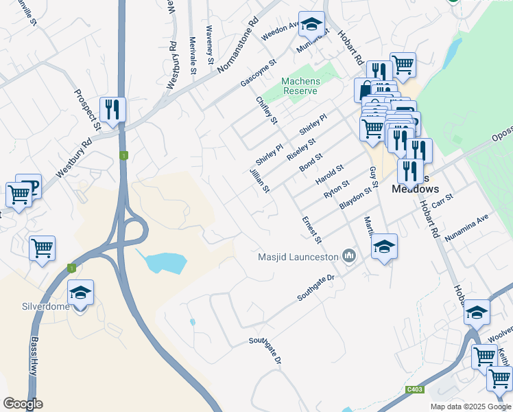 map of restaurants, bars, coffee shops, grocery stores, and more near 17A Nichols Street in Kings Meadows