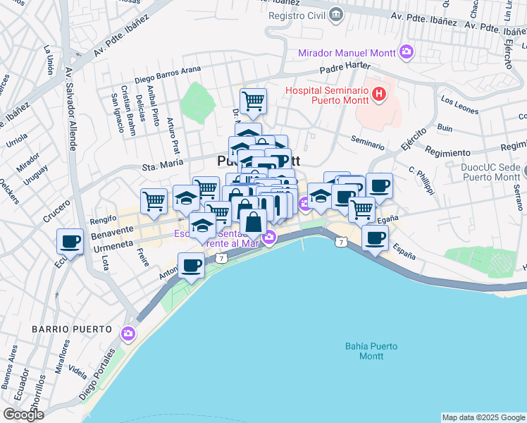 map of restaurants, bars, coffee shops, grocery stores, and more near 520 Urmeneta in Puerto Montt