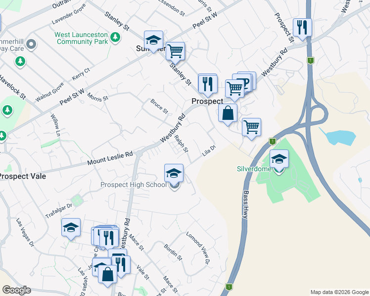 map of restaurants, bars, coffee shops, grocery stores, and more near Ralph Street in Prospect
