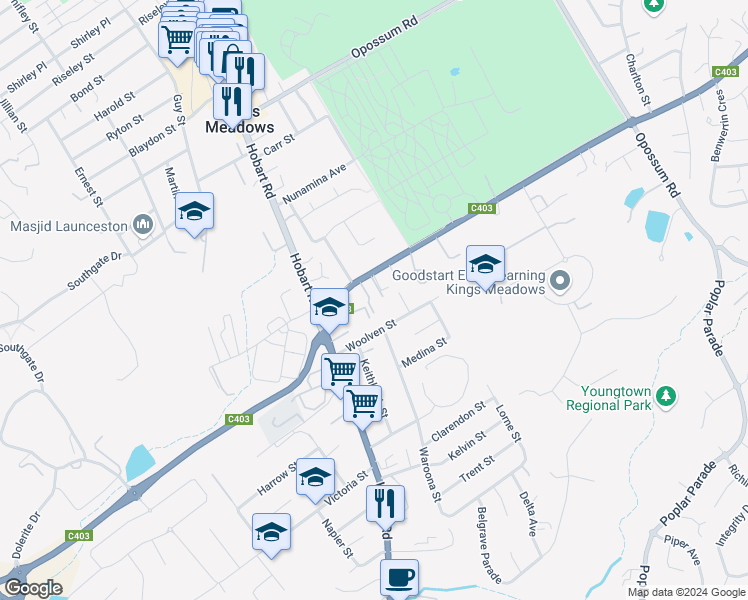 map of restaurants, bars, coffee shops, grocery stores, and more near 16 Quarantine Road in Kings Meadows