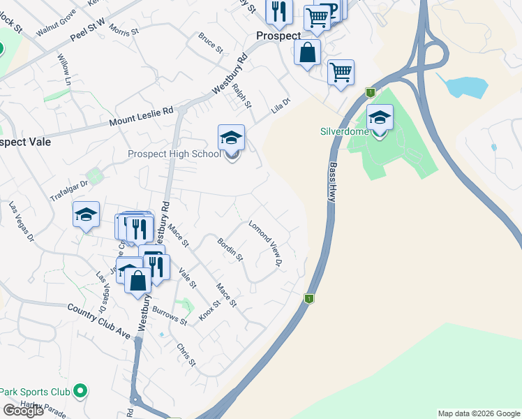 map of restaurants, bars, coffee shops, grocery stores, and more near 21 Kate Reed Drive in Prospect Vale