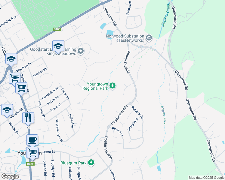 map of restaurants, bars, coffee shops, grocery stores, and more near 157 Poplar Parade in Youngtown