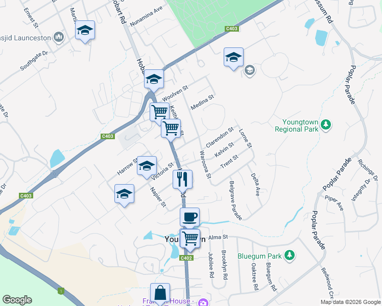 map of restaurants, bars, coffee shops, grocery stores, and more near 7 Talune Street in Youngtown